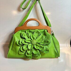 Green Floral Statement Purse • Wooden Handle • Faux Leather • Resort Style